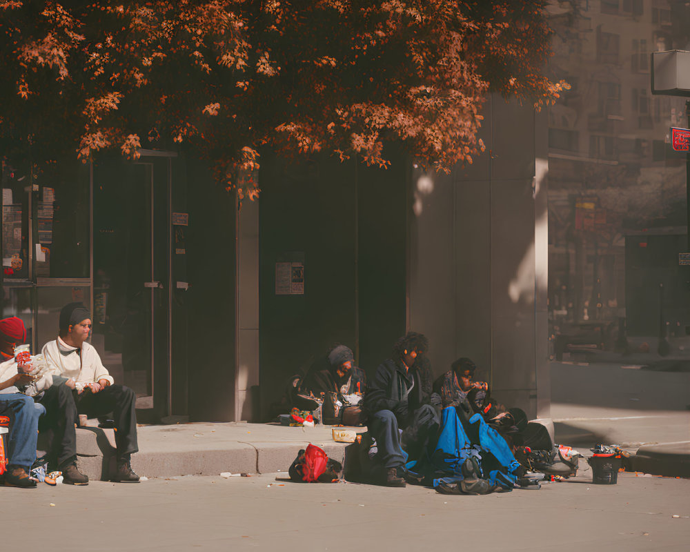 City sidewalk scene with people under autumn trees and scattered belongings