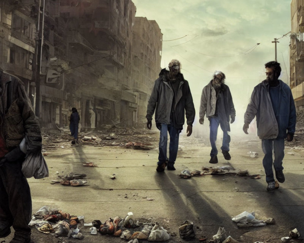 Disheveled people in post-apocalyptic street scene