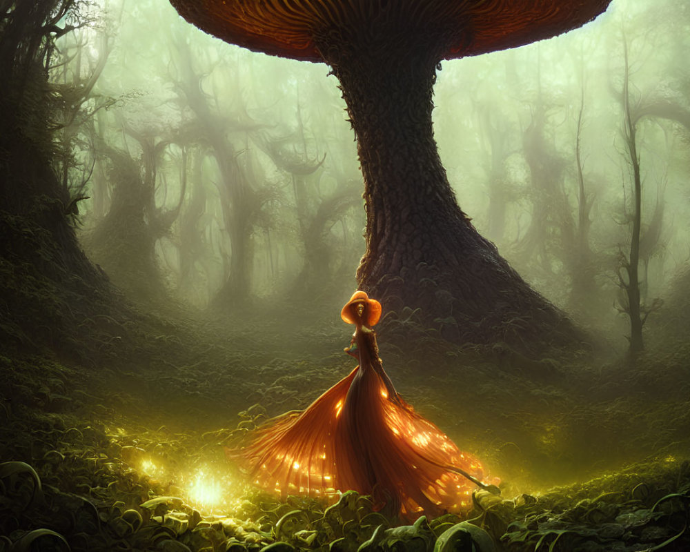 Enormous tree in mystical forest with eerie background and glowing figure holding lantern.