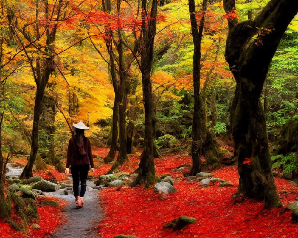 Person in conical hat walking on forest path with red and orange foliage