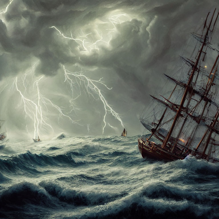 Stormy seas with lightning strikes and dramatic sky scene