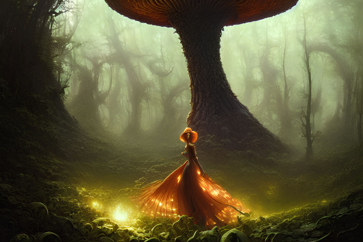 Enormous tree in mystical forest with eerie background and glowing figure holding lantern.