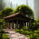 Ancient Pagoda in Fern Forest with Sunbeams