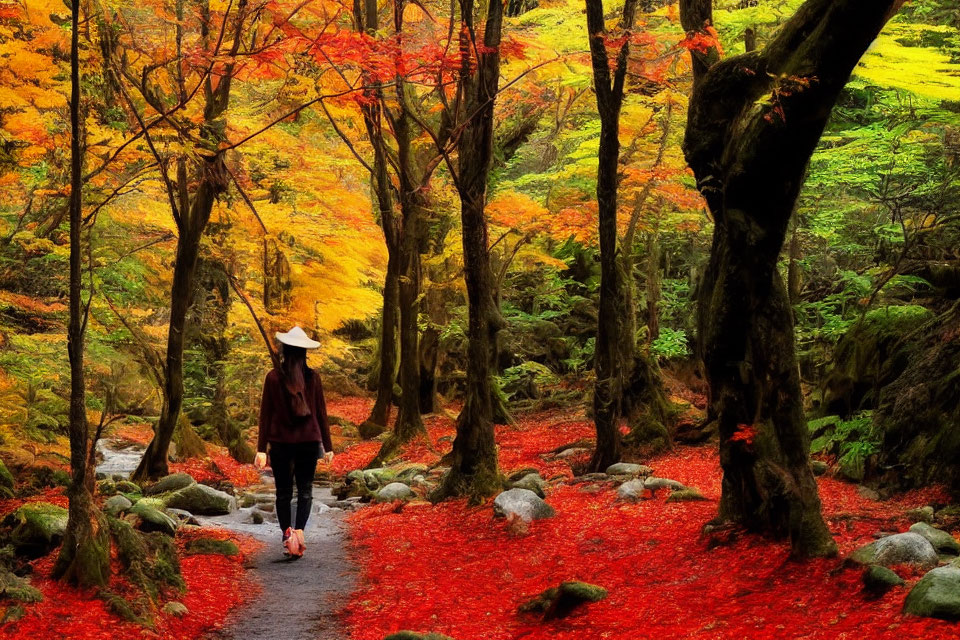 Person in conical hat walking on forest path with red and orange foliage