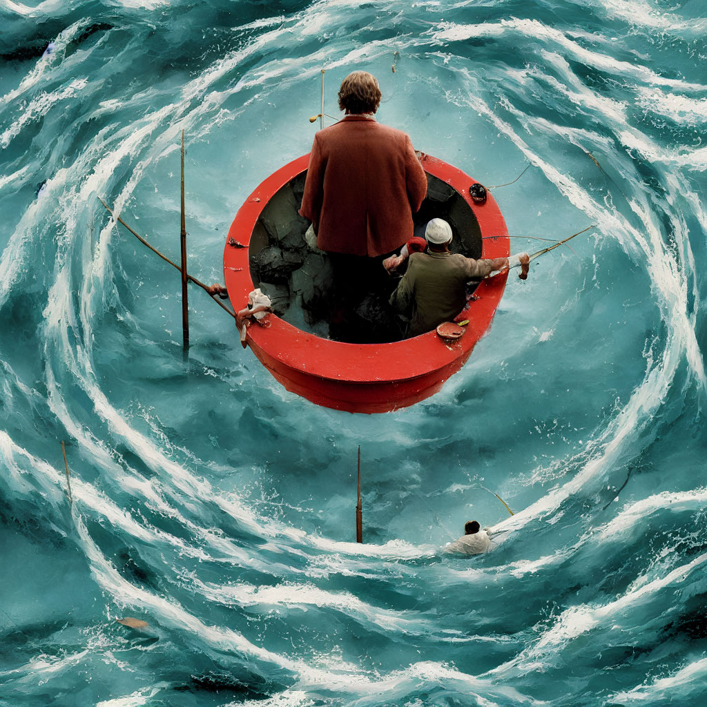 Three People Fishing in Red Boat on Turquoise Waters