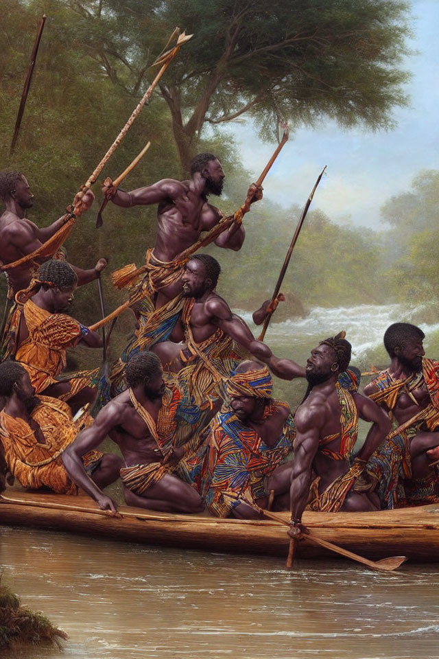 Men in traditional attire paddling wooden canoe on river with lush greenery & waterfall.