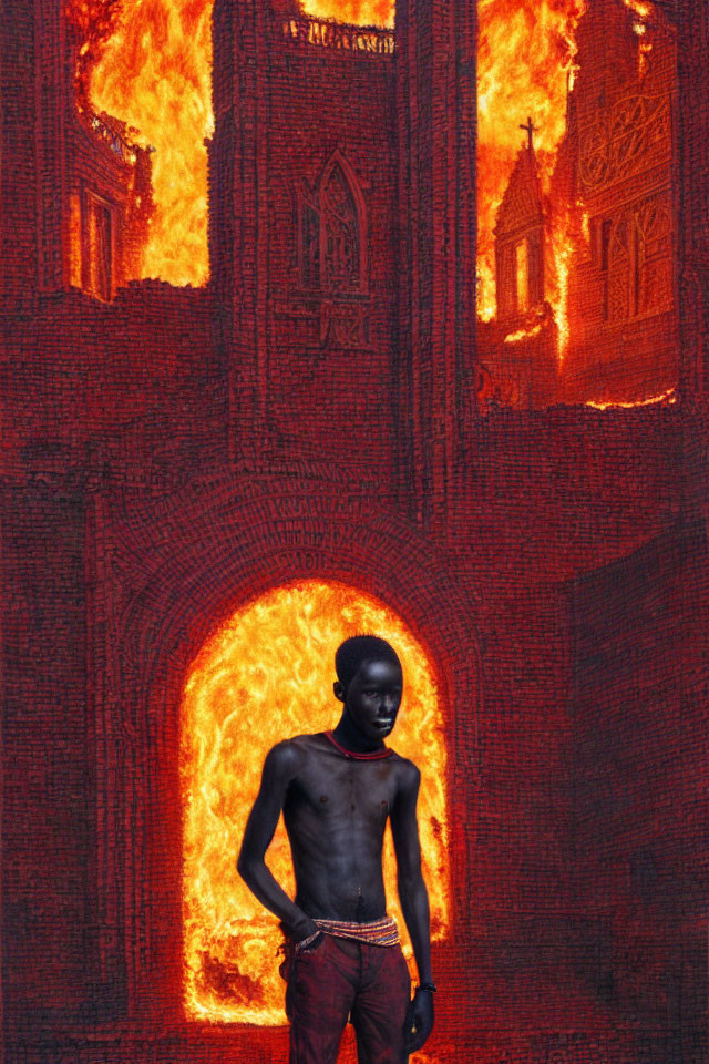 Shirtless man in dramatic fiery Gothic backdrop