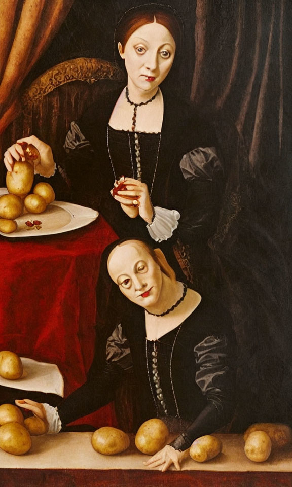 Renaissance-style painting featuring pale figures with apples and potatoes