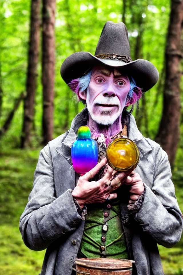 Colorful character with purple face paint and wide-brimmed hat in forest setting