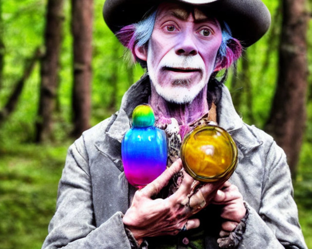 Colorful character with purple face paint and wide-brimmed hat in forest setting