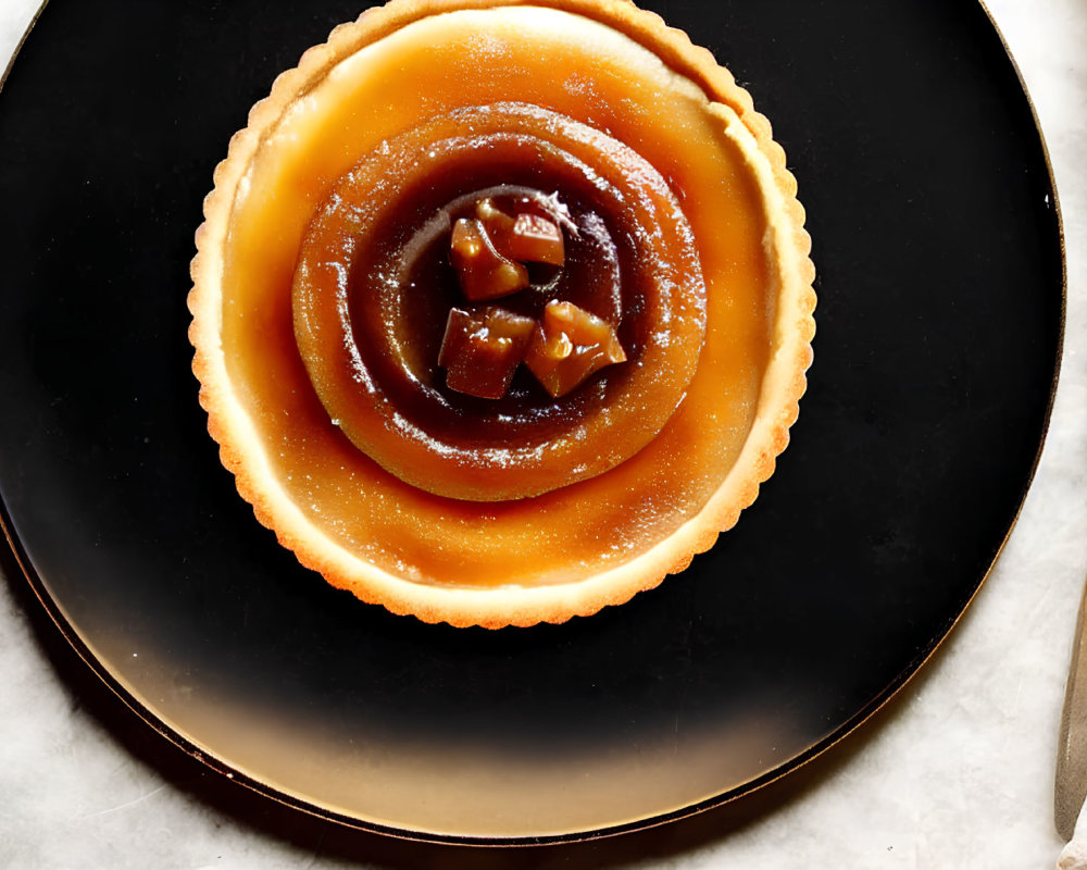 Caramel Tart with Fluted Edge on Black Plate