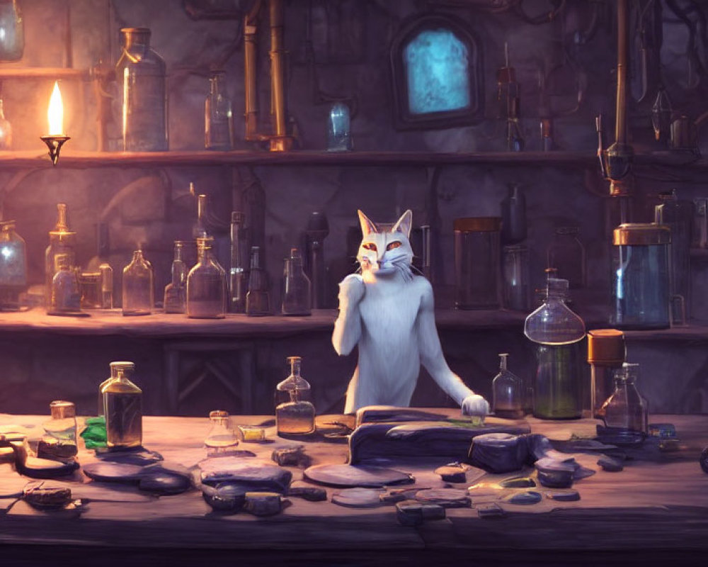 Anthropomorphic Cat in Lab Coat Conducting Experiments in Alchemist's Laboratory