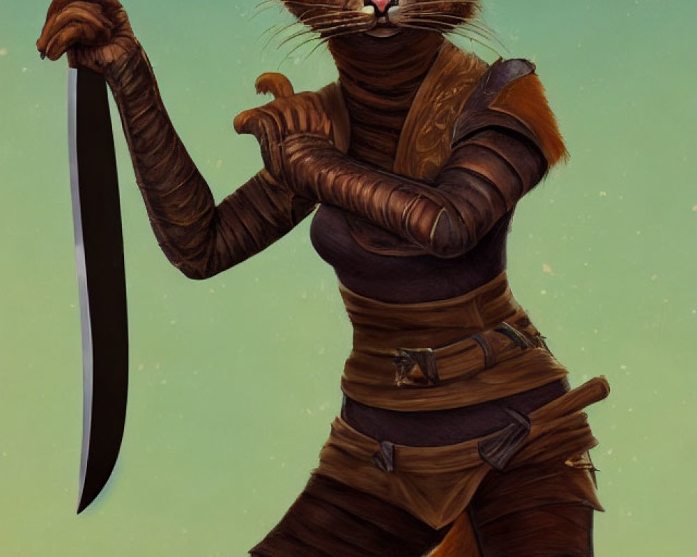 Anthropomorphic Cat Warrior Holding Sword in Brown Leather Armor