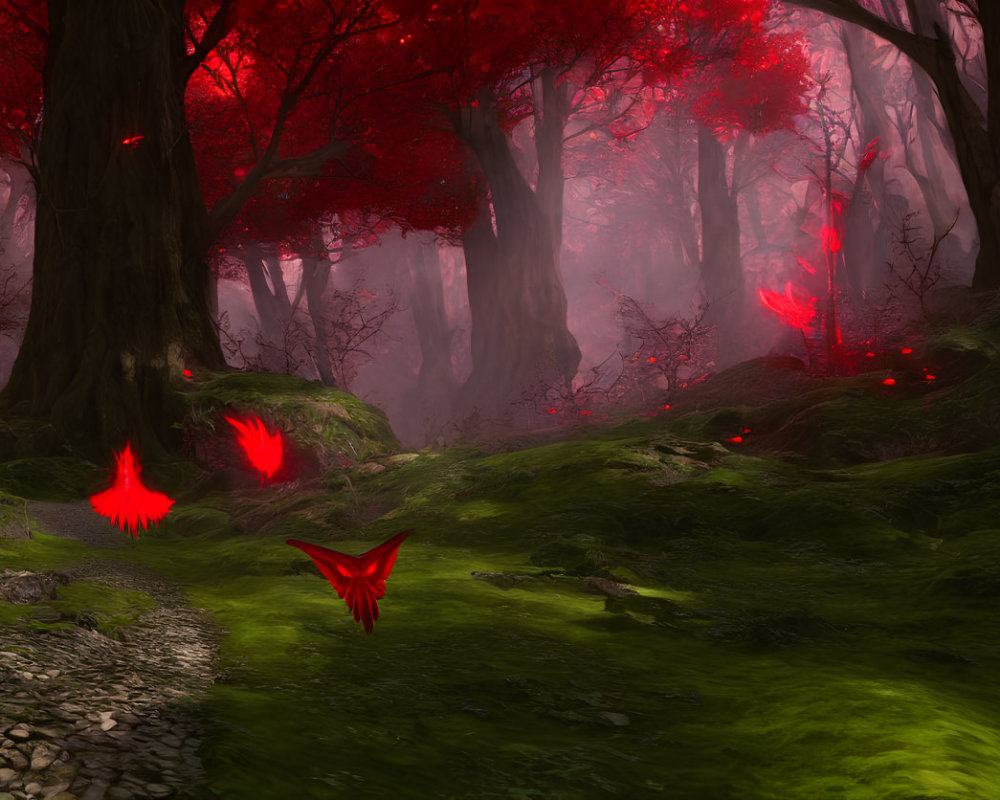 Mystical forest with red-leaved trees and glowing butterflies