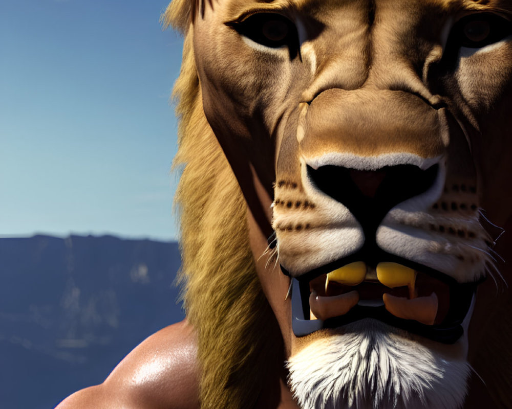 Realistic anthropomorphic lion with human-like body and lion head under clear blue sky