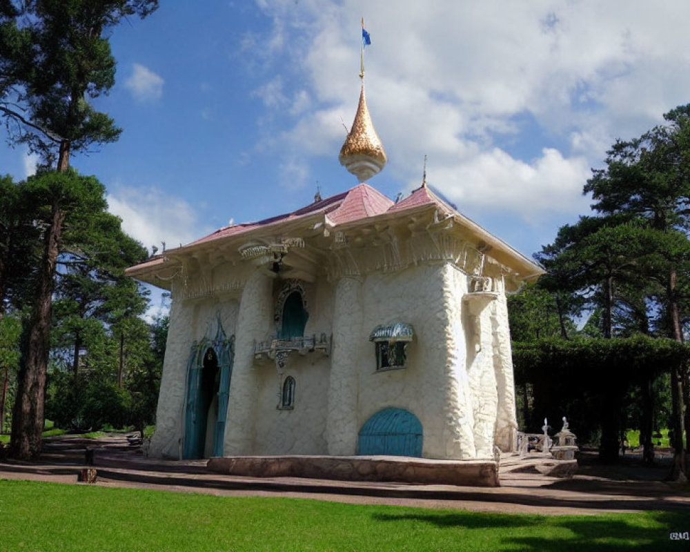 Fairytale-like building with golden spire in lush park with pine trees