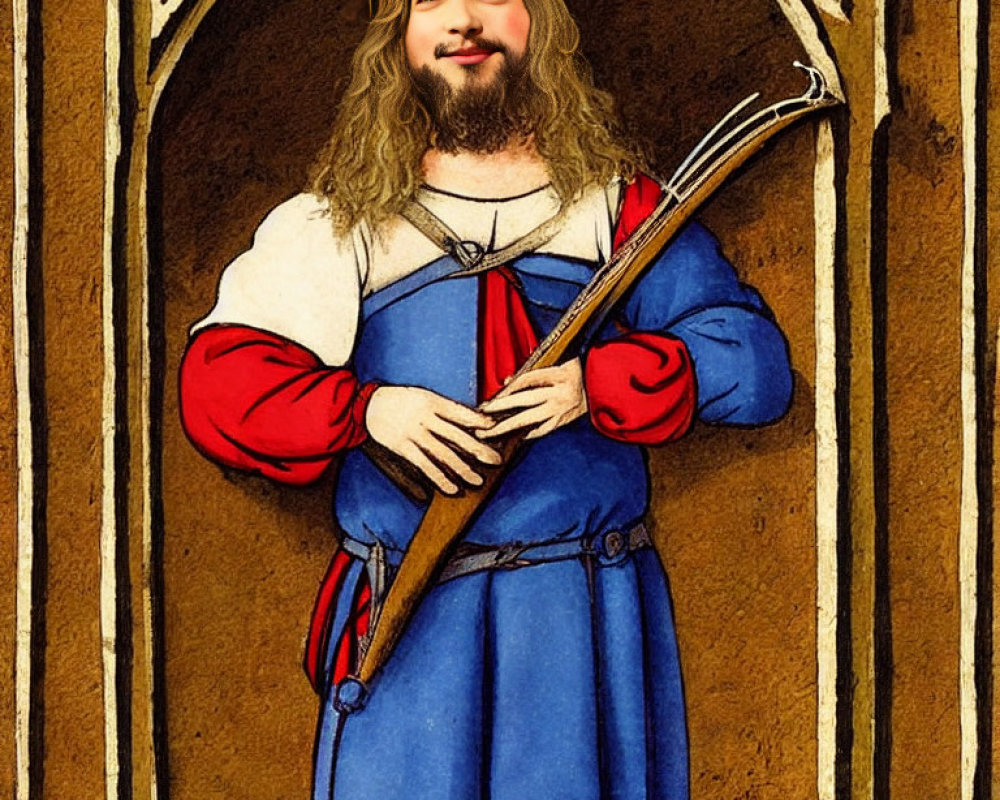 Digital art: modern man's face on medieval archer's body with longbow, period clothing,