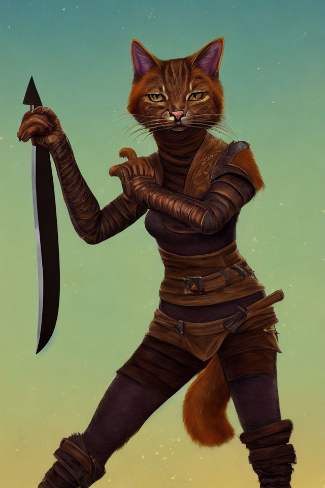 Anthropomorphic Cat Warrior Holding Sword in Brown Leather Armor