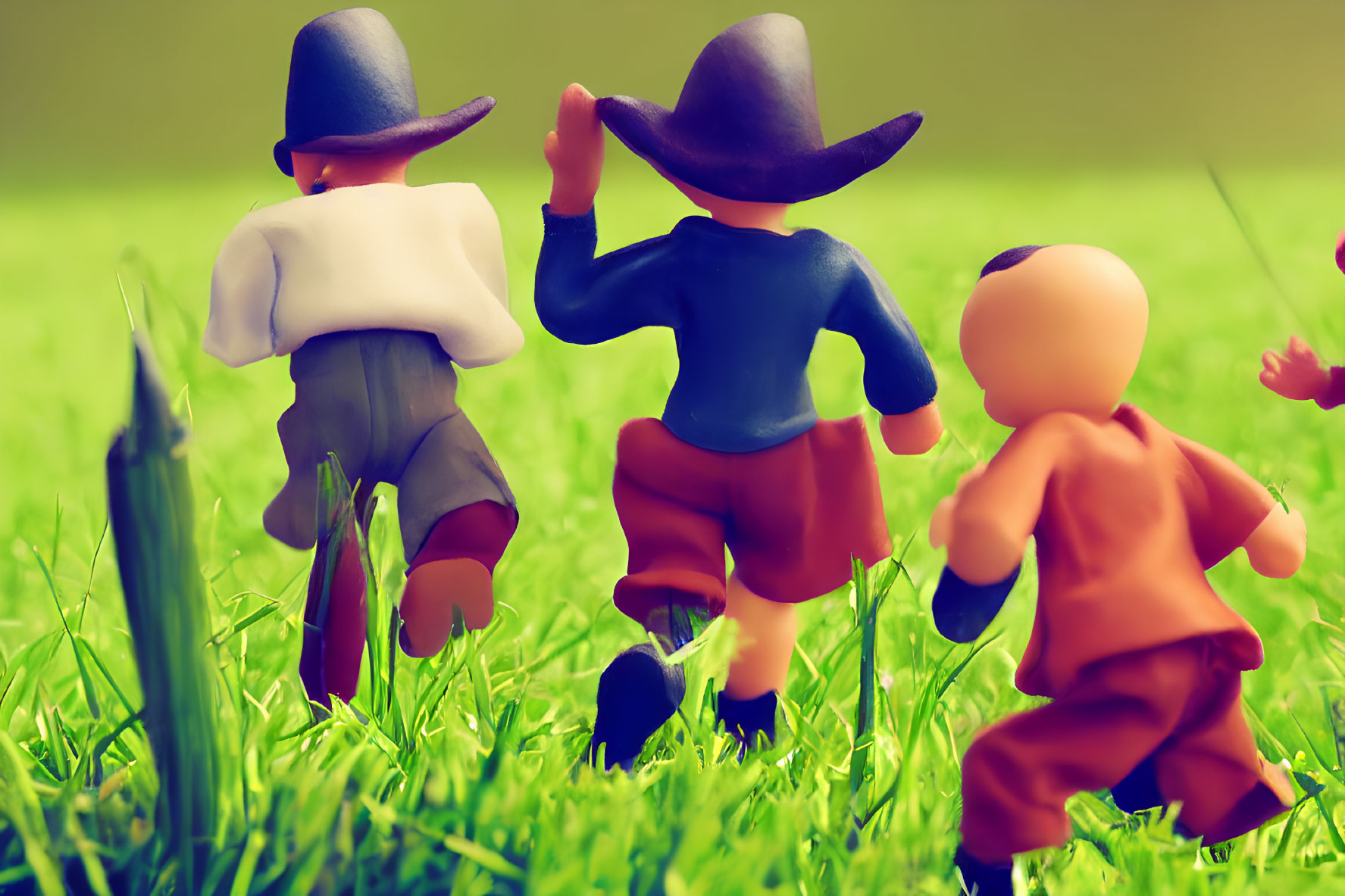 Three Toy Figures Walking Through Grass with Hats