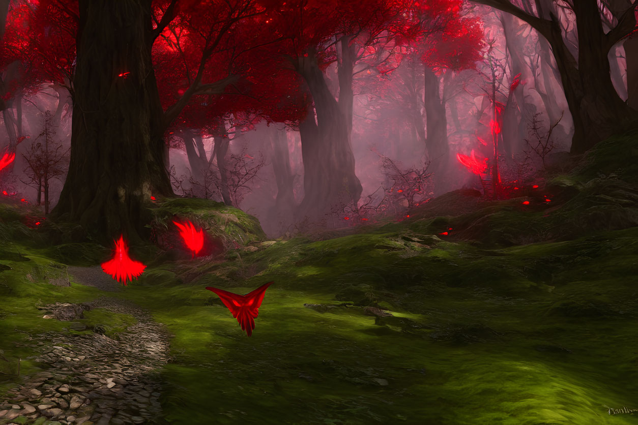 Mystical forest with red-leaved trees and glowing butterflies