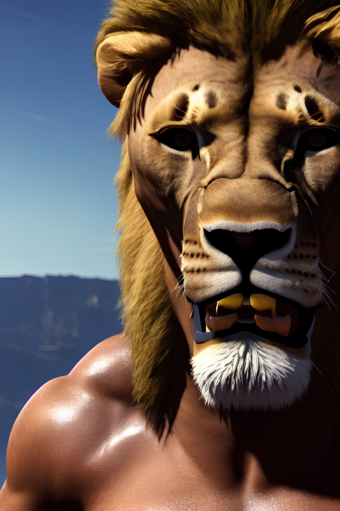 Realistic anthropomorphic lion with human-like body and lion head under clear blue sky