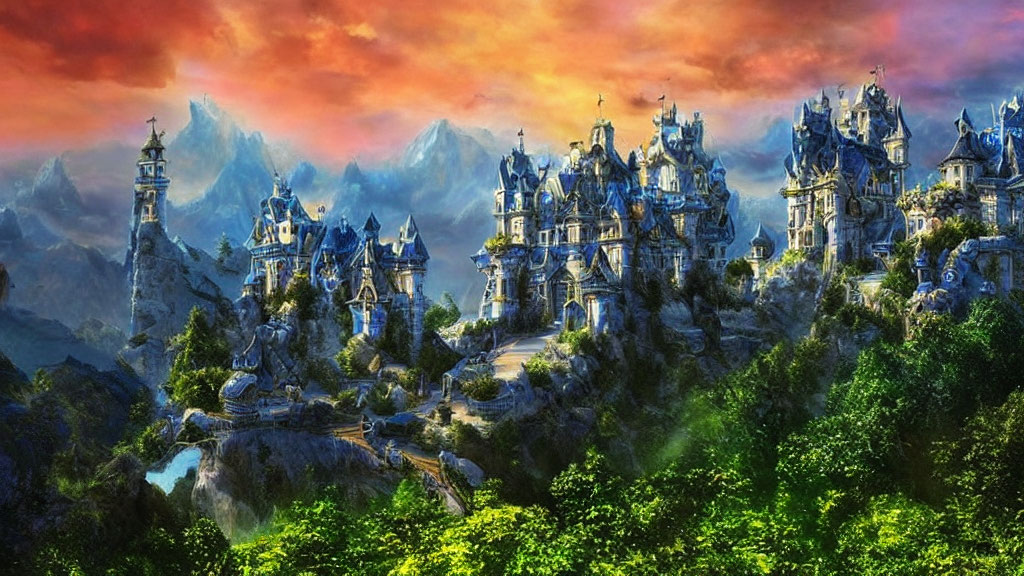 Elaborate castle city in fantastical landscape with dramatic mountains