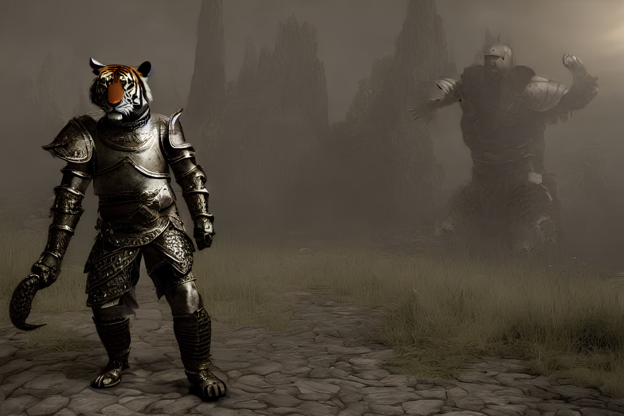 Tiger-headed warrior in medieval armor faces off with ogre in foggy landscape