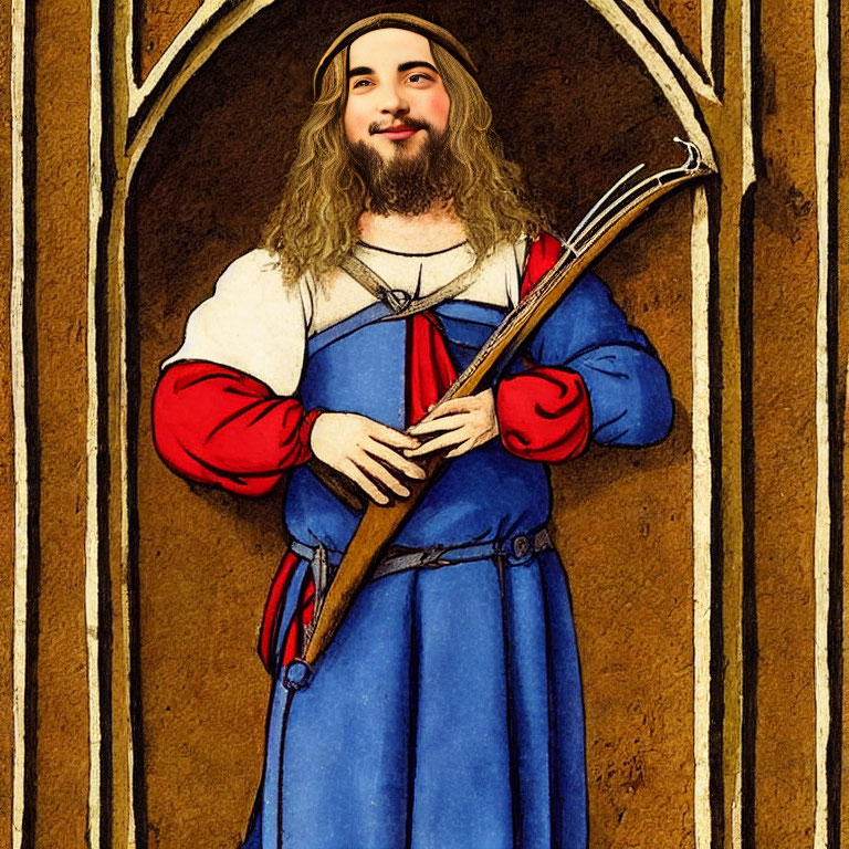 Digital art: modern man's face on medieval archer's body with longbow, period clothing,