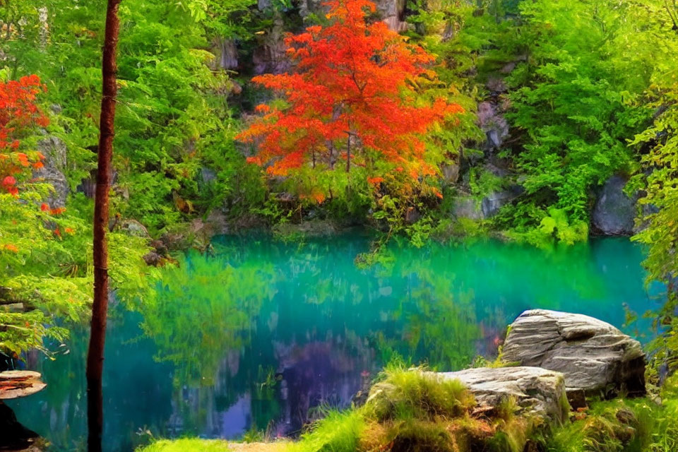 Colorful forest scene: turquoise lake, red tree, green foliage, grey rocks.