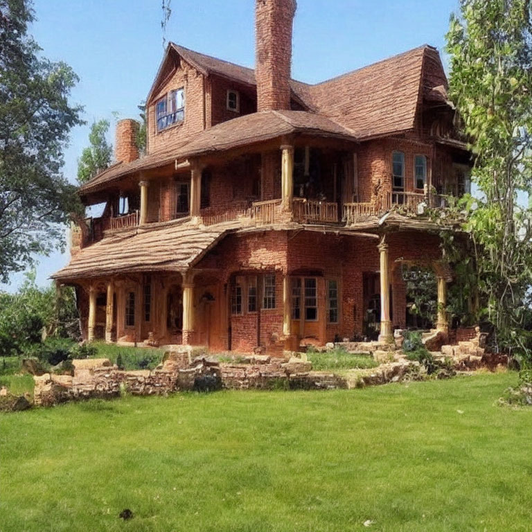 Spacious two-story brick house with lush green surroundings