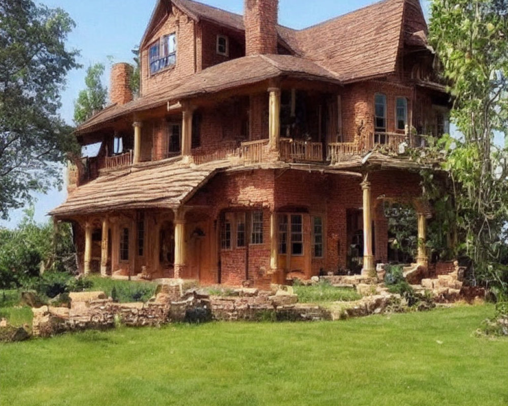 Spacious two-story brick house with lush green surroundings