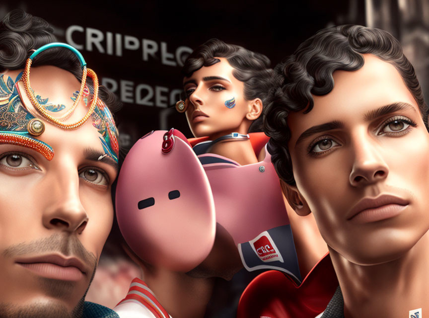 Three stylized characters in futuristic-traditional fashion against blurred backdrop