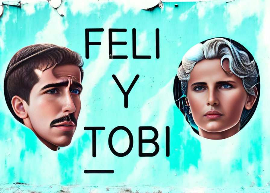 Graffiti-style male portraits "FELI" and "TOBI" on blue textured background