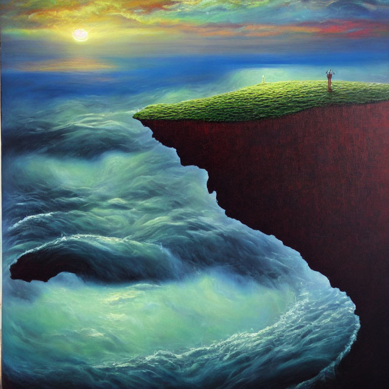 Surreal painting of figure on grassy cliff above ocean waves