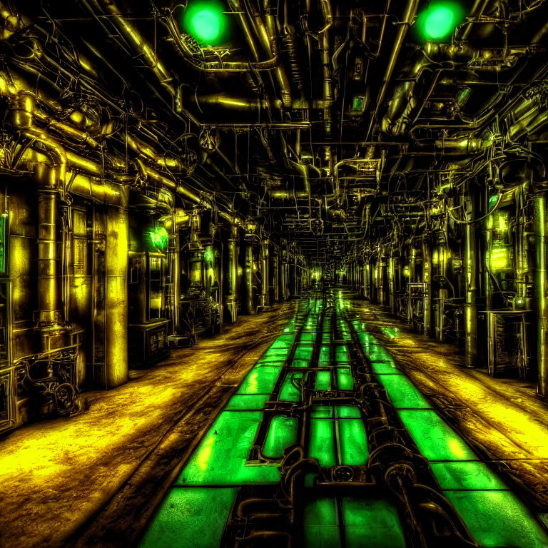 Vibrant yellow-green-lit industrial scene with intricate pipes and glowing floors