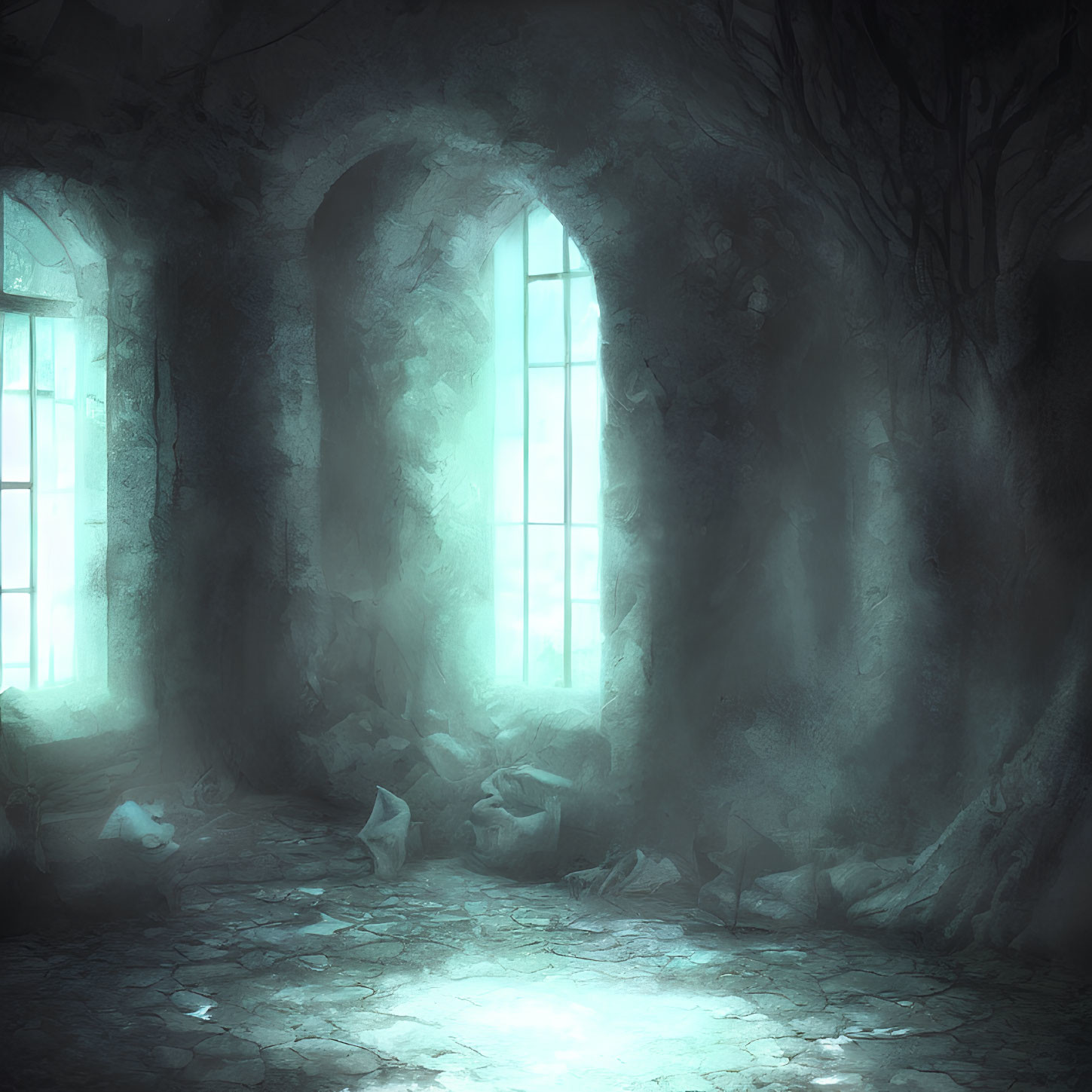 Dimly lit chamber with mist, arched windows, barren trees, scattered papers, glowing floor