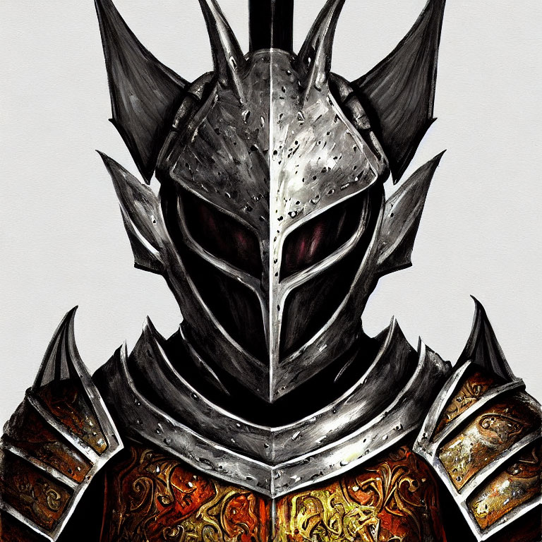 Detailed illustration of a person in medieval knight armor with intricate designs and menacing eye slits on the helmet