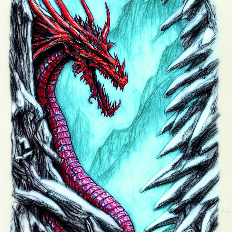 Detailed red dragon drawing among icy blue cliffs with fiery gaze