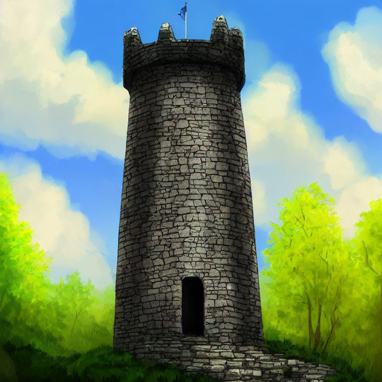 Stone tower with flag in green landscape under blue sky