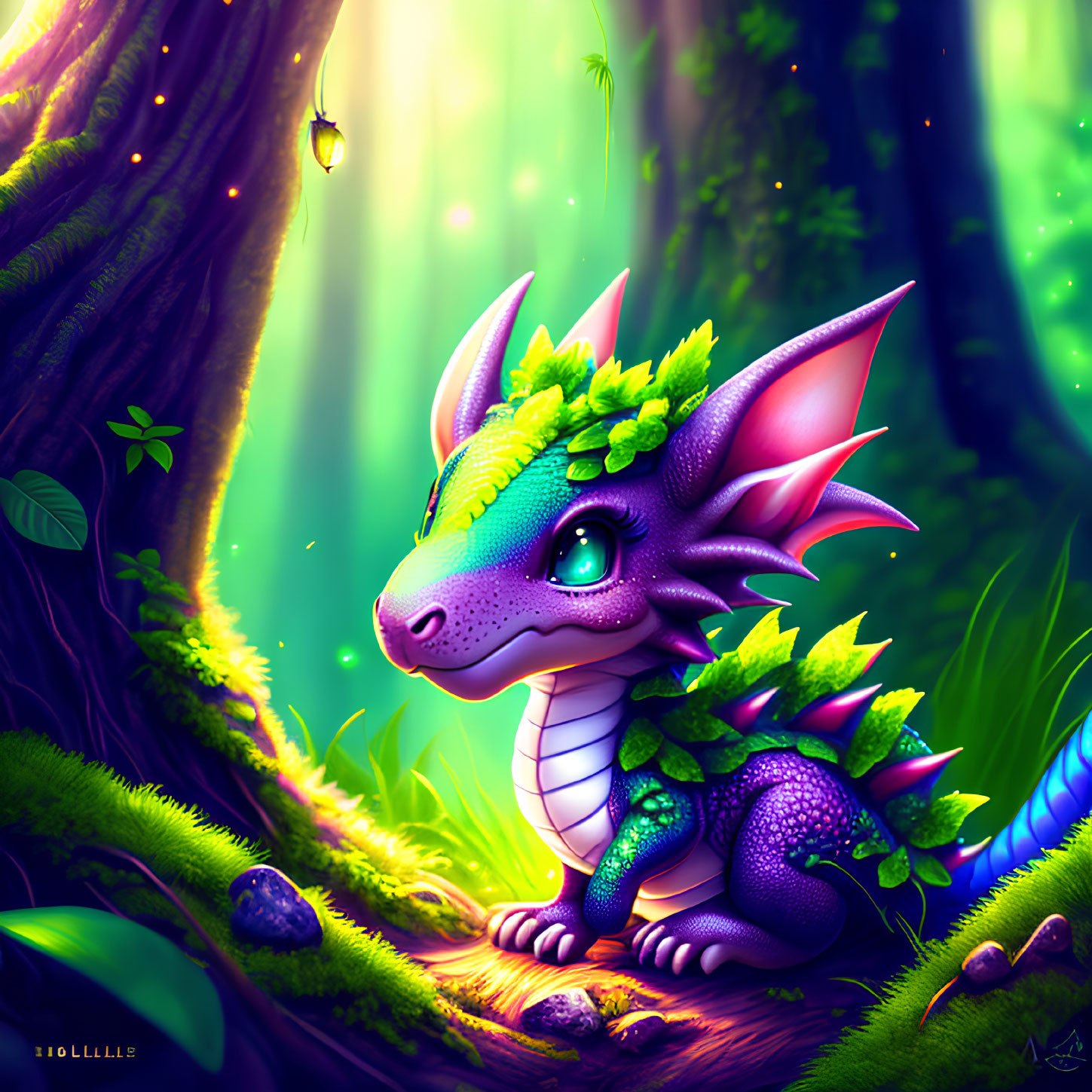 Colorful illustration of whimsical dragon in mystical forest