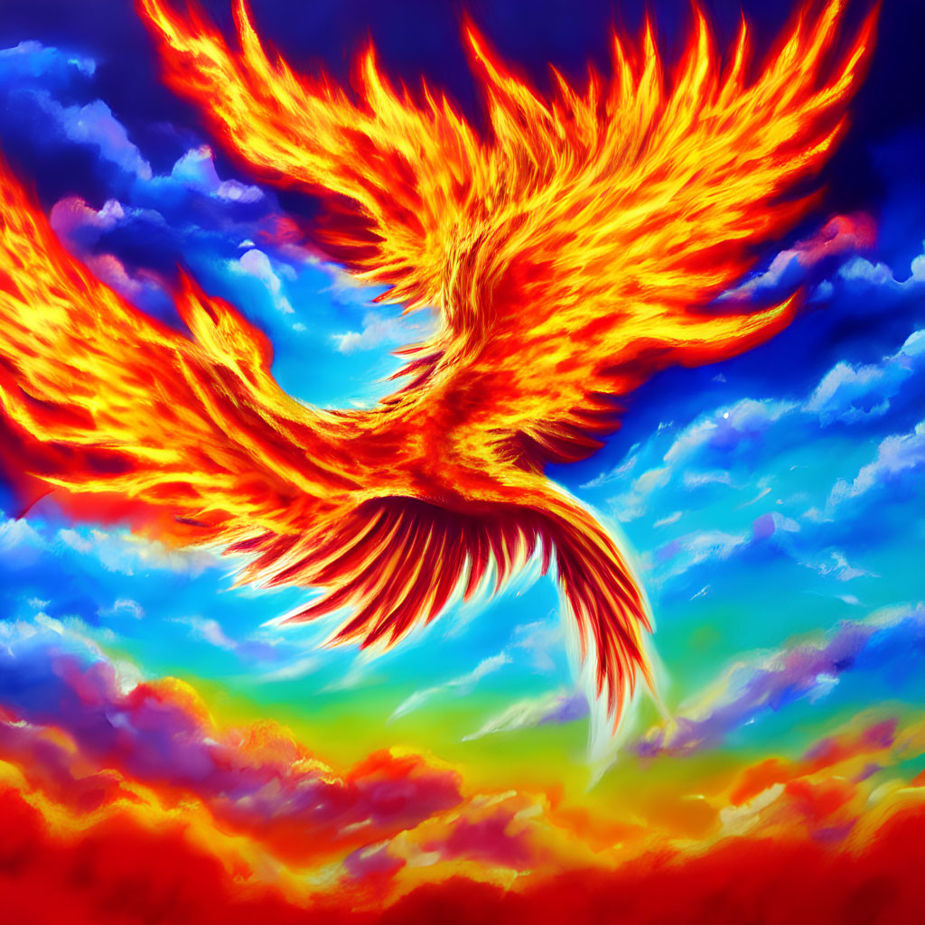 Colorful Phoenix Flying in Dynamic Sky with Blue, Orange, and Yellow Hues