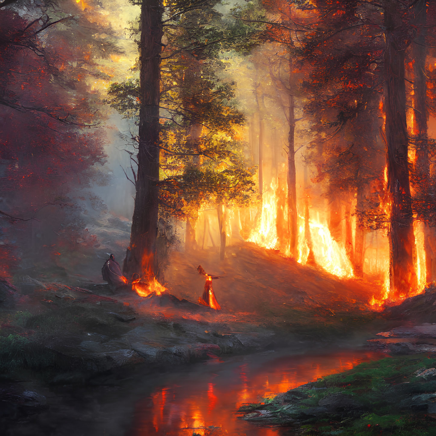 Forest Fire Engulfs Trees Near Reflective Stream