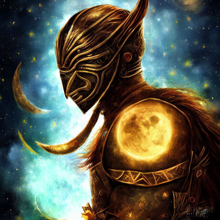 Golden-armored cosmic warrior under starry sky with crescent moon and glowing planet