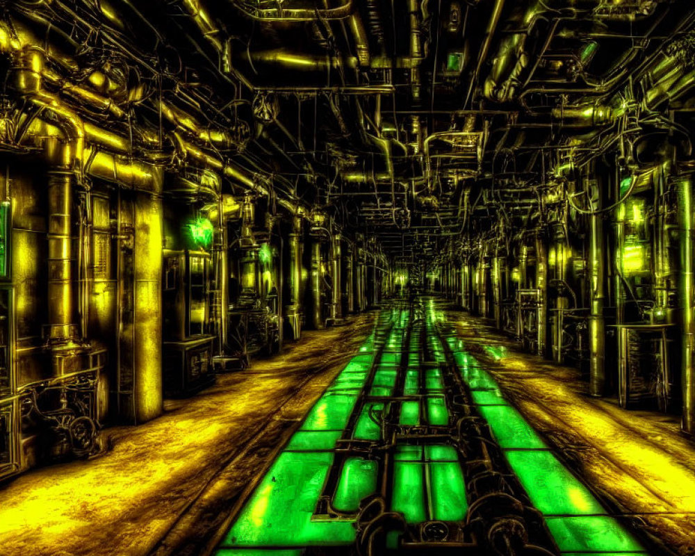 Vibrant yellow-green-lit industrial scene with intricate pipes and glowing floors