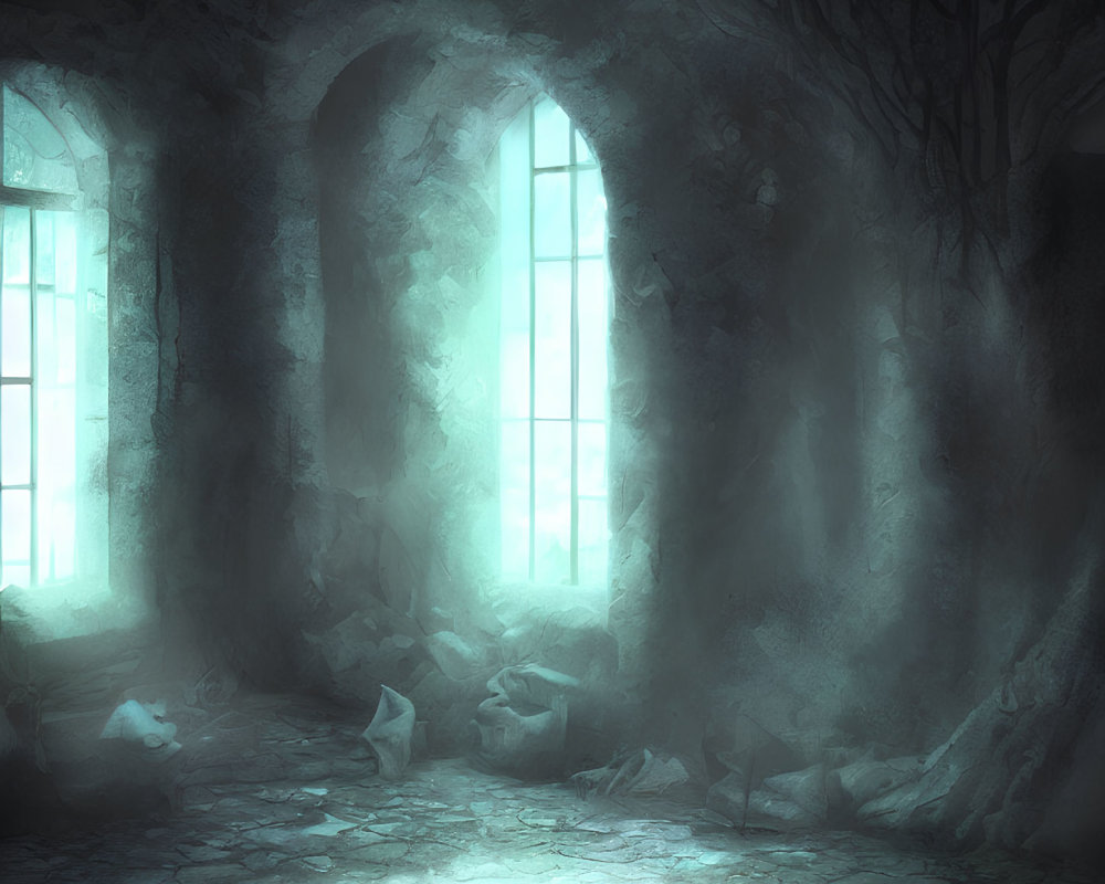 Dimly lit chamber with mist, arched windows, barren trees, scattered papers, glowing floor