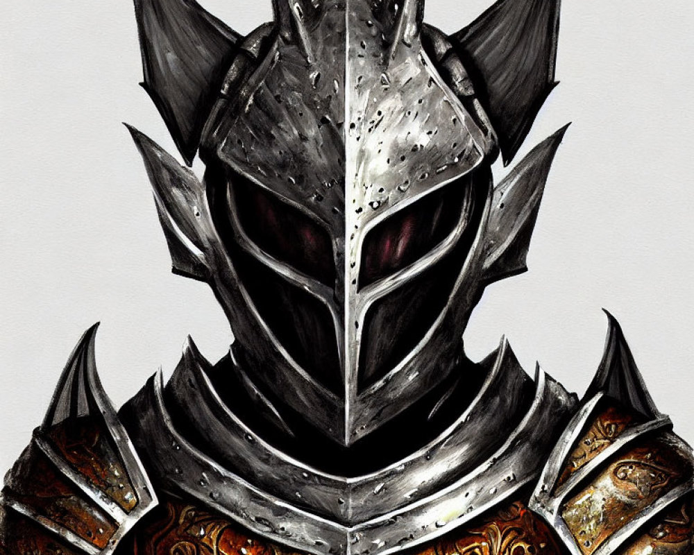 Detailed illustration of a person in medieval knight armor with intricate designs and menacing eye slits on the helmet