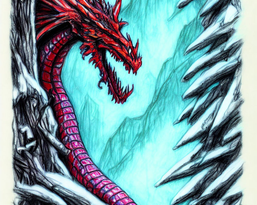 Detailed red dragon drawing among icy blue cliffs with fiery gaze