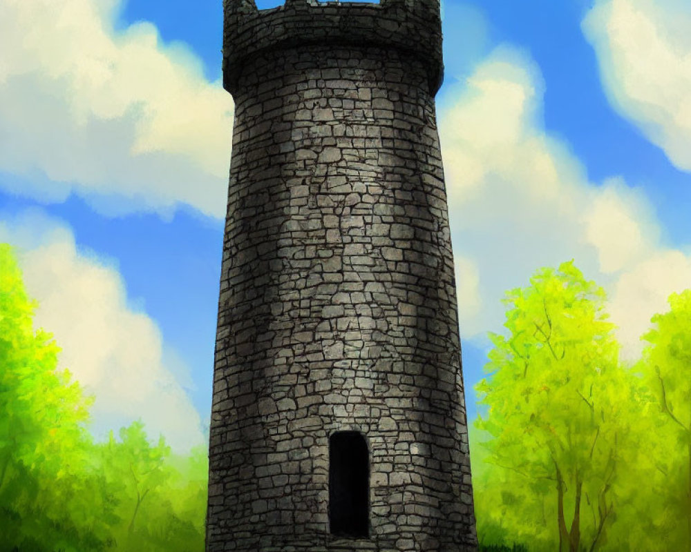 Stone tower with flag in green landscape under blue sky