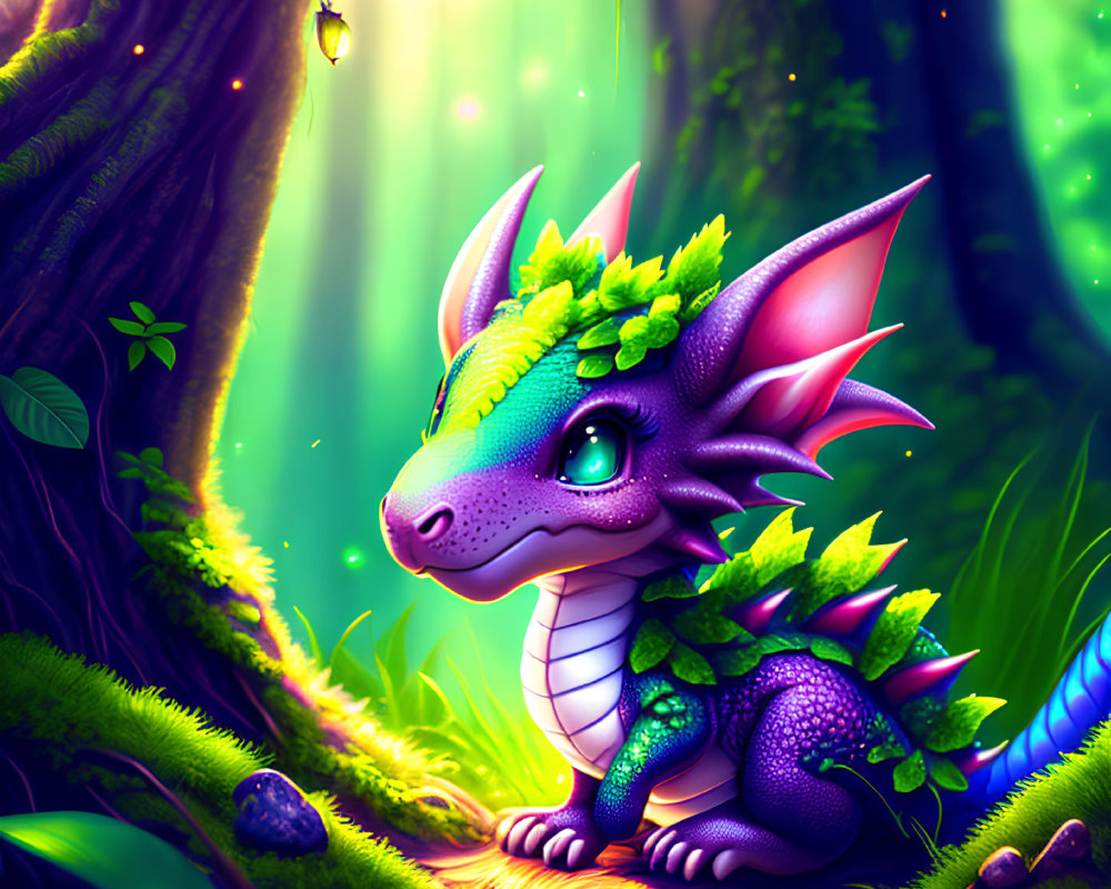 Colorful illustration of whimsical dragon in mystical forest