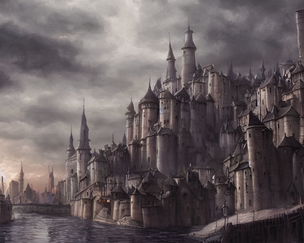 Medieval castle with spires and turrets by river under ominous sky